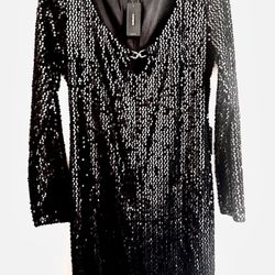NWT EXPRESS Sequin Horsebit Scoop Neck Mini Plunge Bodycon Black Shift Dress