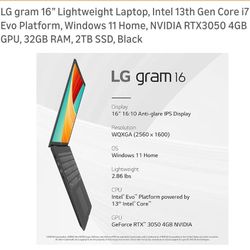 LG Gram 16” Lightweight Laptop, Intel 13th Gen Core i7 Evo Platform, Windows 11 Home, NVIDIA RTX3050 4GB GPU, 32GB RAM, 2TB SSD, Black