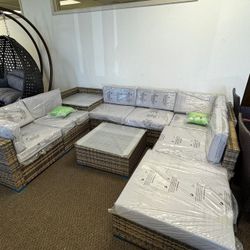 Outdoor/indoor Patio Furniture With Ottoman And Square Coffee Table, Modern Rattan Wicker Sectional Sofa Couch With Seat Cushions