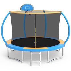 10FT Trampoline with Safe Enclosure Net for Kids and Adults, SEGMART Outdoor Trampoline with Basketball Hoop, Recreational Trampoline with Ladder for 