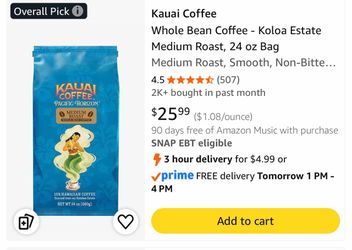 Kauai Coffee – Hawaiian Medium Roast Whole Bean Coffee – 24 oz (1.5 LB)