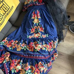 Women Day Of Dead Spanish Costume Dress With Rose Veil