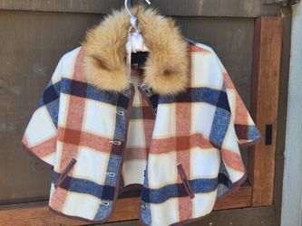 Plaid Cape With Faux Fur Collar