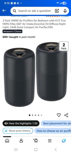 2 Pack Air Purifiers for Bedroom with H13 True HEPA Filter,360° Air Intake,Essential Oil Diffuser,Night Liaht. 24dB Ouiet Compact Air Purifier,P60