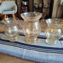 New Set Of 3 Amber Colored Glass Hurricane Candle Holders 