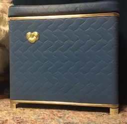 Vintage MCM Wicker Vinyl HARVEY Blue W Gold Atomic Laundry Hamper w Padded Top