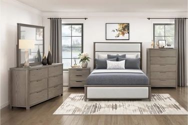 BEDROOM SET 4PC(BED FRAME,NIGHT STAND,DRESER&MIRROR) AaaCONTEMPORARY LIGHT GREY OAK BEIGE CHENILLE UPHOLSTHERYH B )