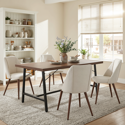 Homy Casa FORS+KALI 5PC Dining Set 63” Dining Table with 4PC Kali Beige Fabric Chairs Walnut Metal Legs