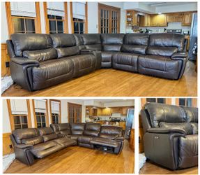 Leather power reclining sectional sofa couch by Havertys.