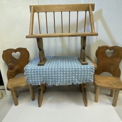 Vintage American Girl Doll Wood Furniture Trestle Kitchen Table 2 Chairs Bench