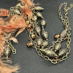 Gold Tone EFM Necklace w/ Orange Color Feathers