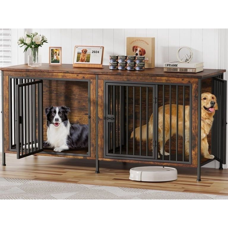 78 in Dog Cage Furniture for 2 Dogs, Extra Large Double Dog Crate Furniture Large Breed, XXL Thick Wooden Dog Crate Furniture TV Stand, Sturdy Dog Ken