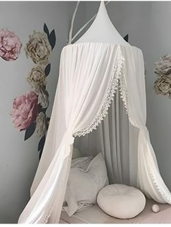OldPAPA Pom Pom Kids Bed Canopy, Hanging Mosquito Net for Crib, Corner, Castle, Tent, Baby Room, Playroom Decor, White