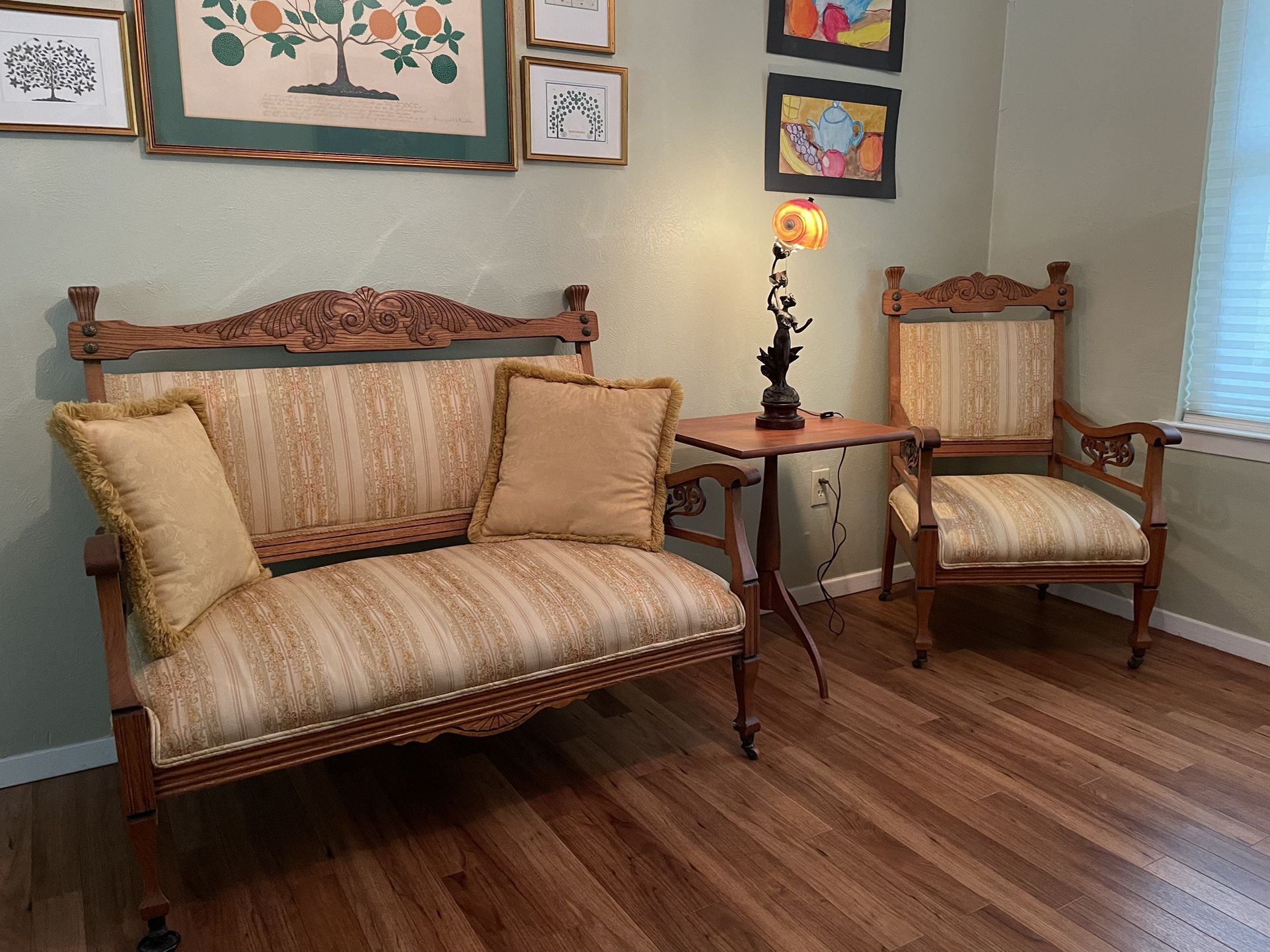 Beautiful Antique Golden Oak Settee And Chair