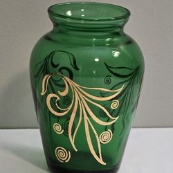 Vintage 4" Vase Anchor Hocking Glass Vase Green with Gold Overlay Design Small