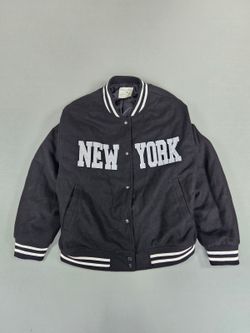 Khaki + Blue New York Varsity Bomber Jacket Black L