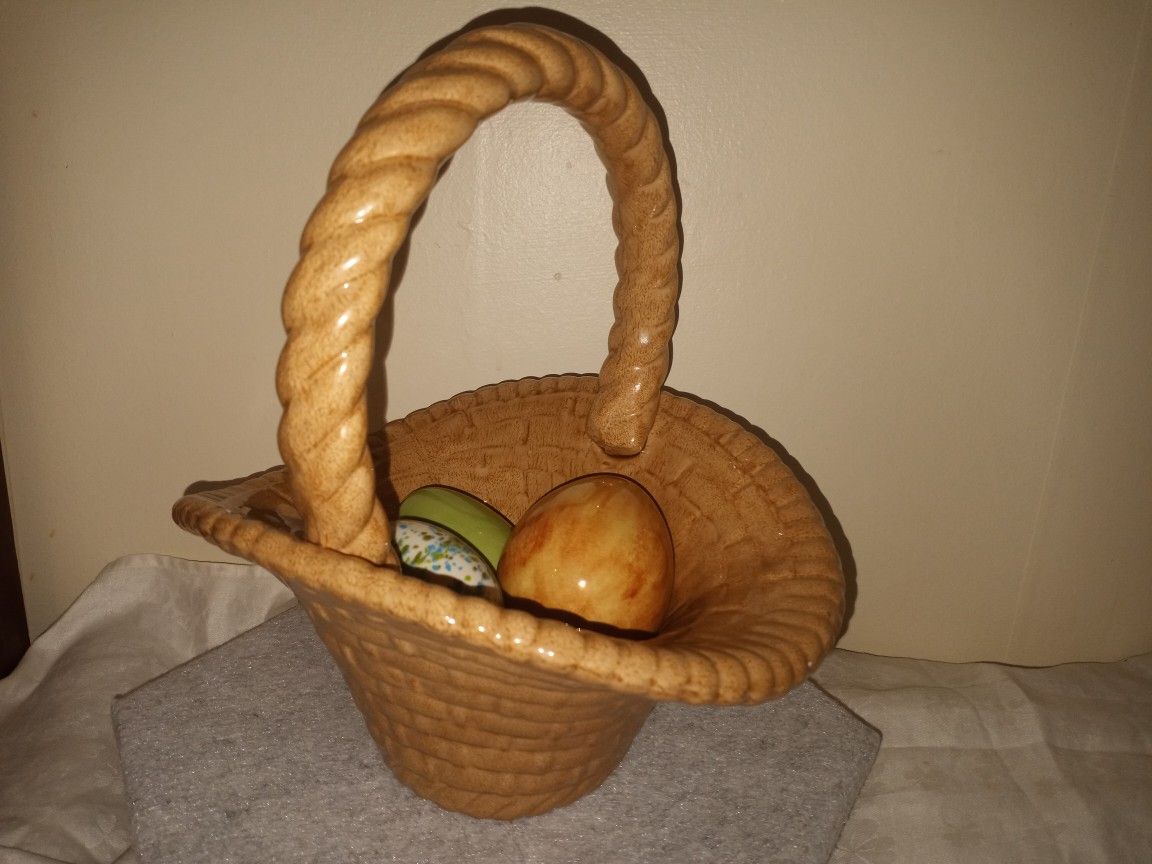 Vintage 1976 Ceramic Basket With Ceramic Eggs