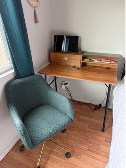 Desk, office chair, lamp