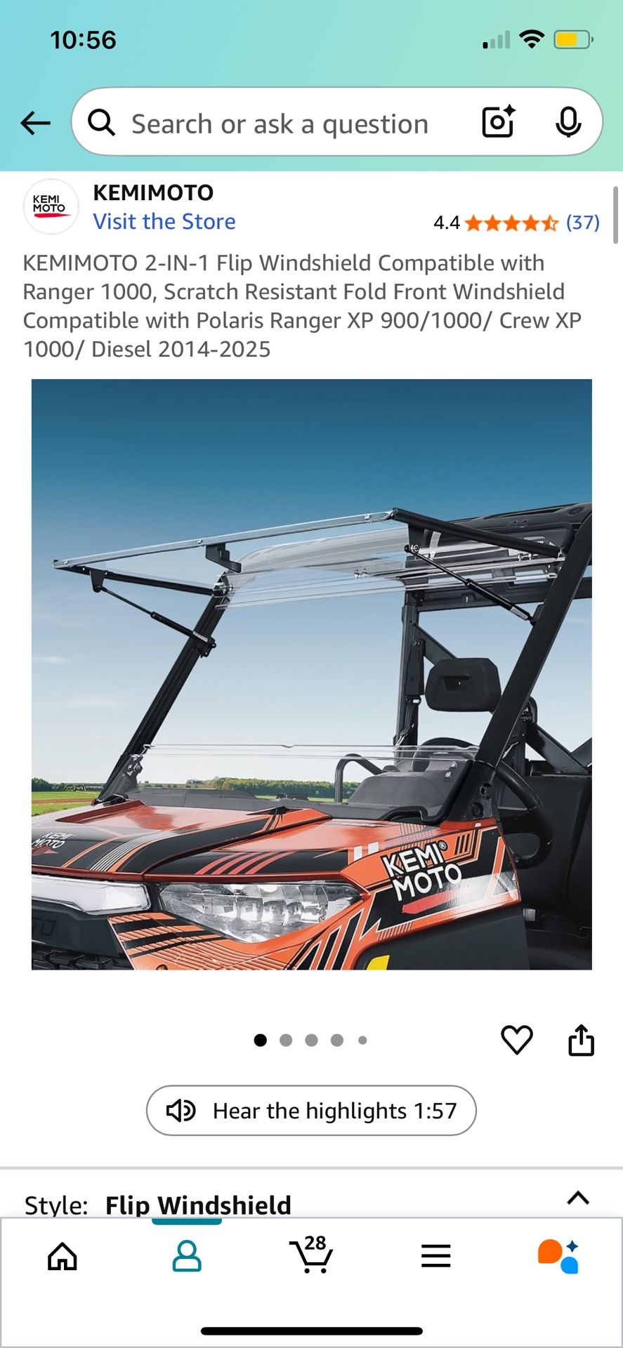 KEMIMOTO 2-IN-1 Flip Windshield Compatible with Ranger 1000, Scratch Resistant Fold Front Windshield Compatible with Polaris Ranger XP 900/1000/ Crew