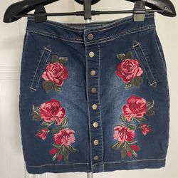 inc denim, snap-front floral embroidered blue mini skirt, size 4p