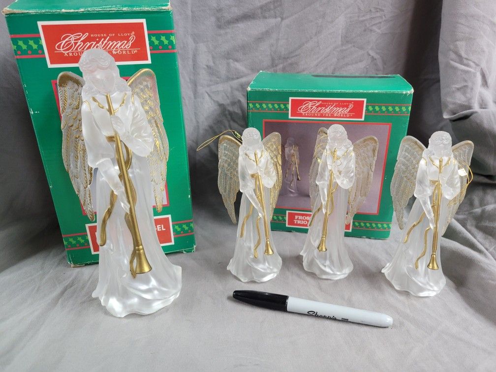 Frosted Angels With Trumpets Ornaments And Tree Topper, House Of Lloyd