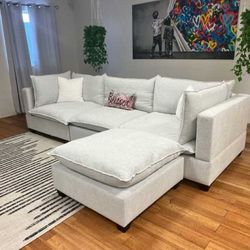 😍Brand New Grey/Beige Fabric L Shape Sectional Couch W/ Chaise & Pillows | Pay After Delivery 🚚