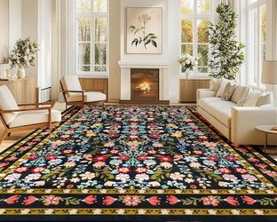 ANSSO 8 x ​​10 ft Living Room Rugs, Large Washable Floral Rugs with Non-Slip Backing, Soft Low Pile Bohemian Vintage Indoor Rug for Bedroom, Dining Ro