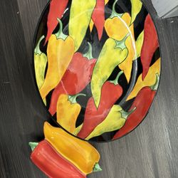 Hand‑painted Clay Art Chili Peppers Tray with Dip Bowl