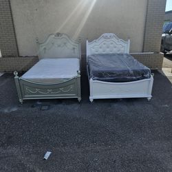 White Full Size Solid Wood Disney Princess Bed Frame With Brand New Full Size Plush Memory Foam Casper Mattress And Box Spring In Plastics