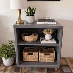 Modern Gray Nightstand / Side Table with Gold Legs & Open Storage Shelf