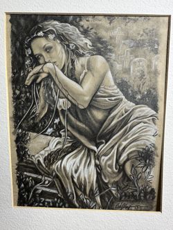 STUNNING. Signed original charcoal & pastel figurative drawing of Romantic classical-style female figure, professional.    