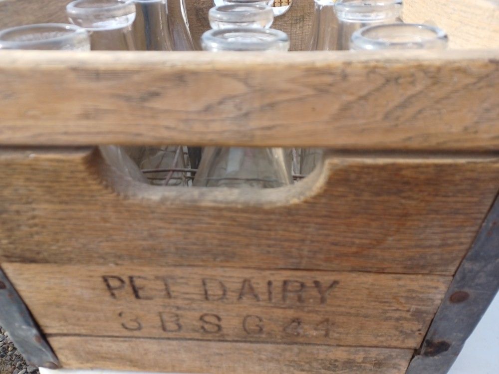 Vintage Wooden Milk Crate with 12 Glass Milk Bottles