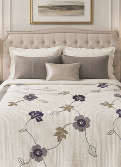 KEECO Floral Quilt Coverlet 92x96 Purple Gray Cream Embroidered Cotton Blend