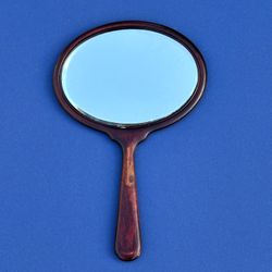 *Antique / Vintage Handheld Beveled Glass Wood Oval Mirror