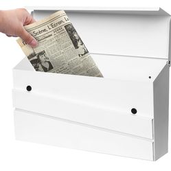 Wall-Mounted Mailbox, White Modern Large Capacity Drop Mailboxes for Outside, Rust-Proof Galvanized Steel Post Box (No Keys Locking)