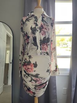 Serena Williams White Sheer Floral Button-Up Midi Dress with Pink Blooms