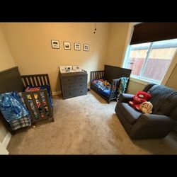 Toddler 2 beds (coverts from crib to twin size), mattresses, dresser/changing table, and rocking chair. 