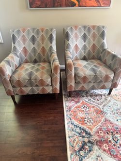 Pair of Mid-Century Modern Accent Armchairs – Geometric Print (Terracotta & Gray)