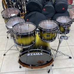 Tama Starclassic Bubinga BB Japan 6pc Drum Set Rare Tutone Black Gold Sparkle