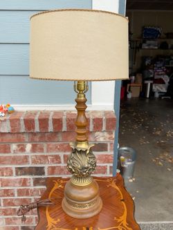 Vintage 31” Ornate Brass Tone & Turned Wood Table Lamp – Floral Statement Lamp