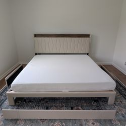 Upholstered Bed Frame with 3 Drawers, Bed with Storage Headboard and Charging Station