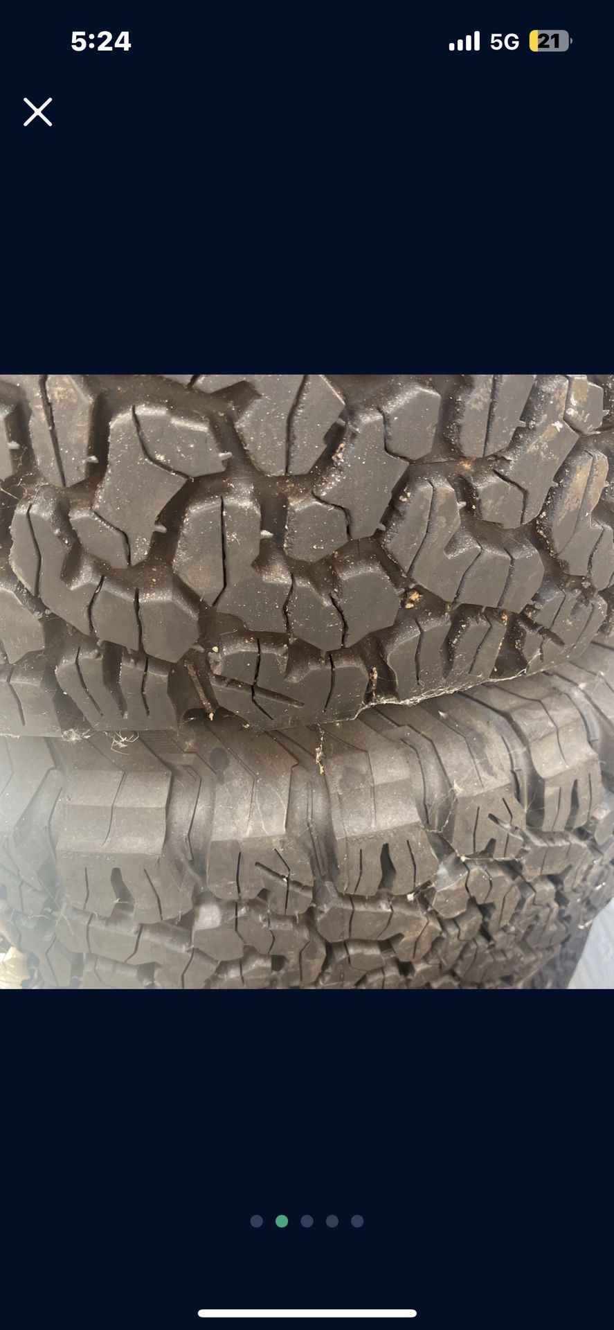 set of 5 BF Goodrich K02 265 70/r17 all terrain tires with toyota rims