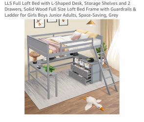 Full size loft bed with L shaped desk and drawers