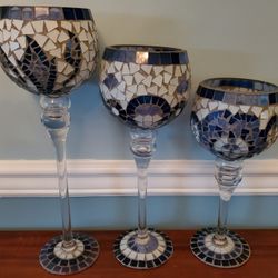Set of 3 Beautiful Blue & White Mosaic Glass Stemmed Candle Holders 5" x 12"-16"