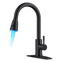FORIOUS LED Kitchen Faucet with Pull Down Sprayer, Black Single Handle Stainless Steel Traditional Sink Faucets with LED Light Sprayer Head, Suitable 