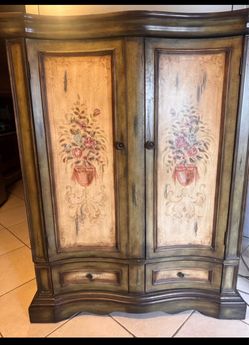 Hand-Painted Floral Wood Armoire Cabinet