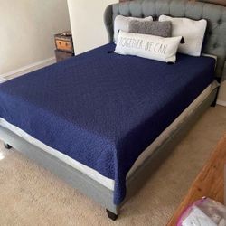 Brand new full size Grey Linen upholstered platform bed frame. 
