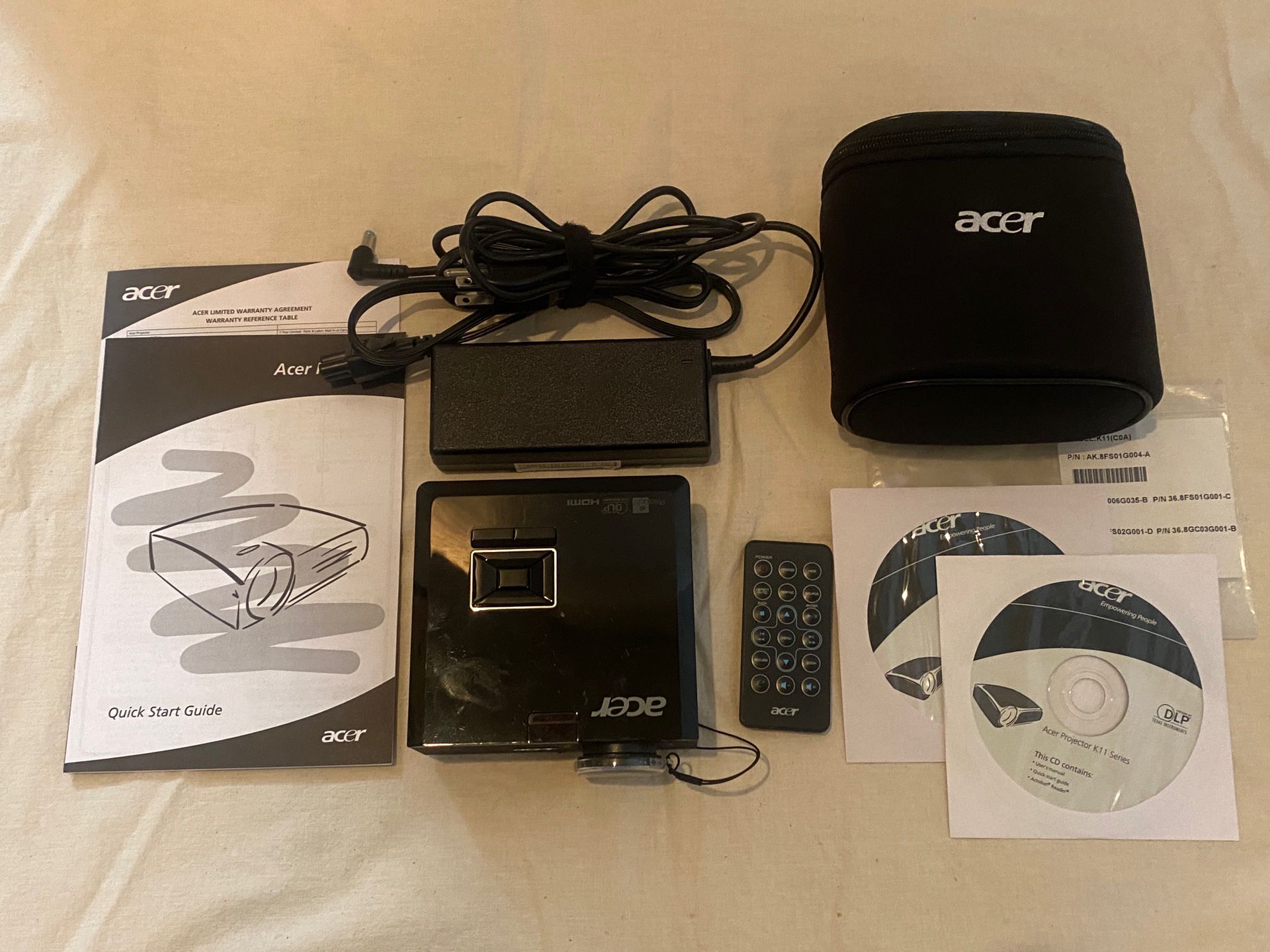 Acer K11 DLP Projector - Model #DSV0920 - Power Brick, Manuals, CD’s, Remote, Case - Excellent Used Condition