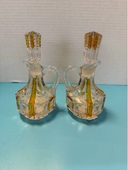 Vintage Cut Crystal Cruet Oil & Vinegar Bottle Pair (Amber/Clear)