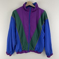 Vintage 90s Purple Blue Green Colorblock Mock Neck Full Zip Windbreaker Jacket